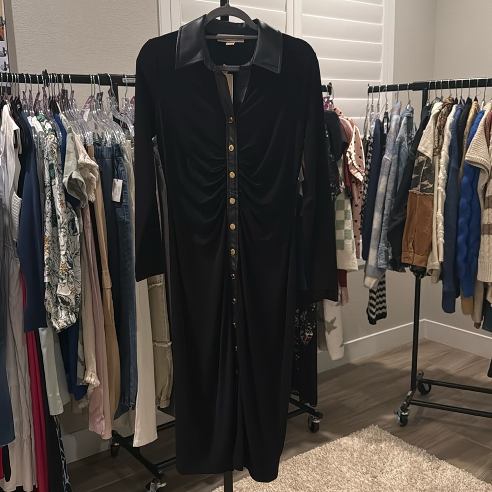 Michael Kors Black Long-Sleeve Button-Front Dress with Gold Buttons - Picture 3 of 6